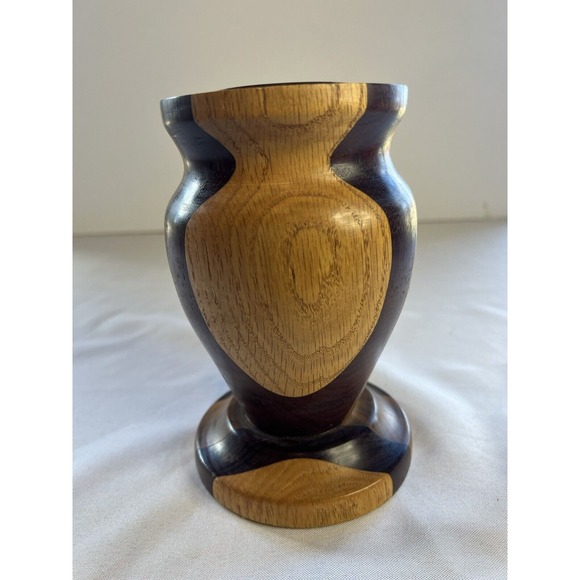 Vintage MCM Segmented Multi Wood Mosaic Two Tone POT‎ Nature Wooden Dark Light - Picture 4 of 10